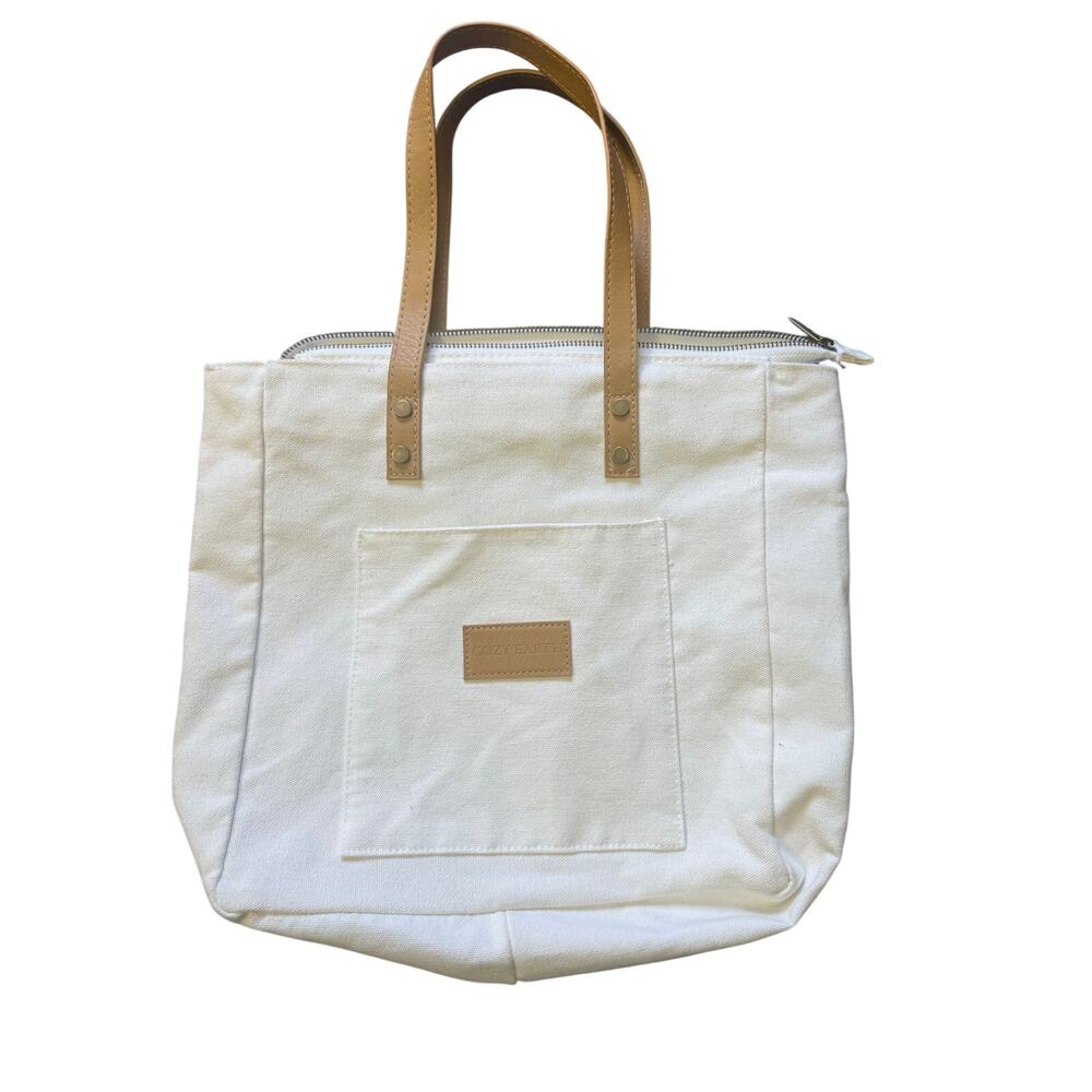 cozy earth white and tan canvas tote bag 12" tall
